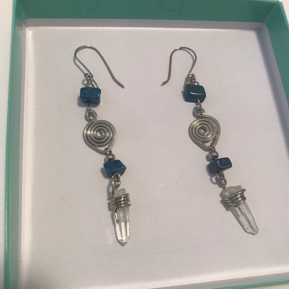 Silver, teal stone, and crystal earrings